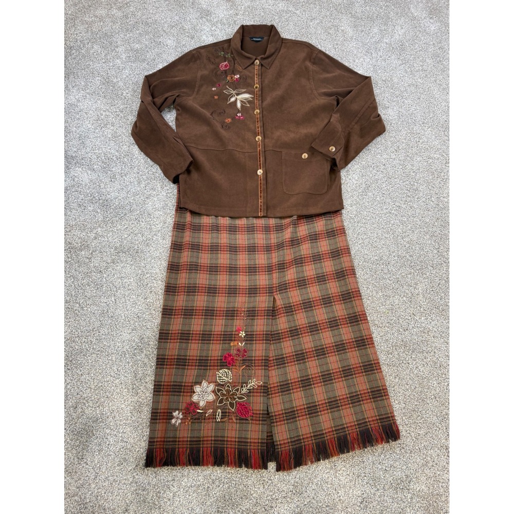 Vintage T & Company Brown Corduroy Floral Jacket and Fringe Maxi Skirt Set Large